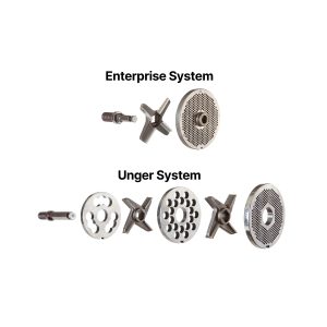 Mincer plate and knife setups shown for Enterprise and Unger systems