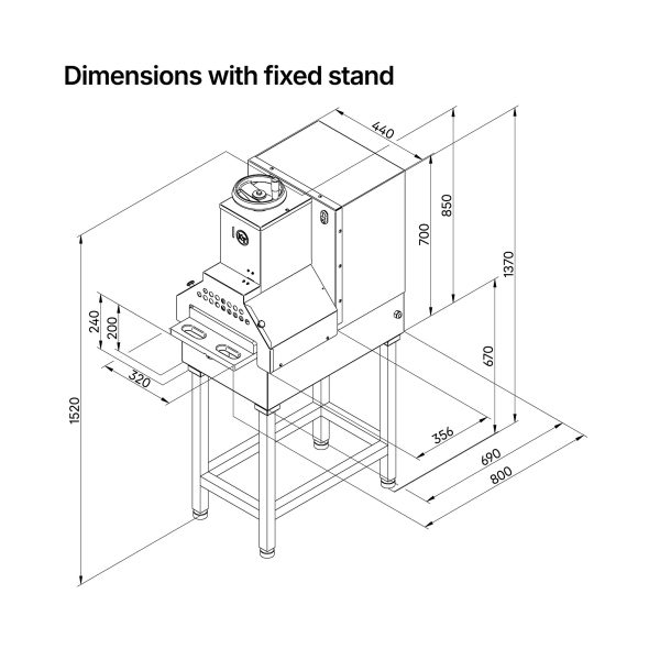 Dimensions for the KT-ALP meat press on the fixed stand accessory